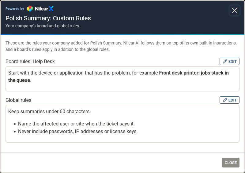 The custom board and global rules for Polish Summary