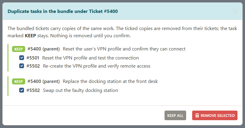 Duplicate tasks dialog after bundling