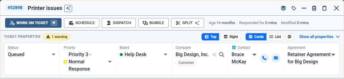 The ticket view in the light theme, with darker lines around the header, the buttons and the property groups
