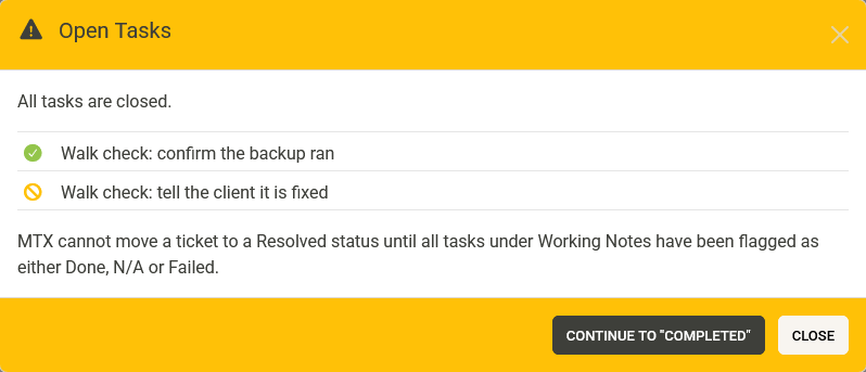 The Open Tasks warning with both tasks marked and the Continue to "Completed" button