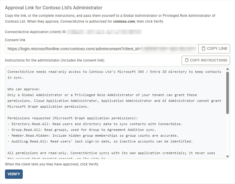 The approval link for a client's administrator, with the Application ID and instructions