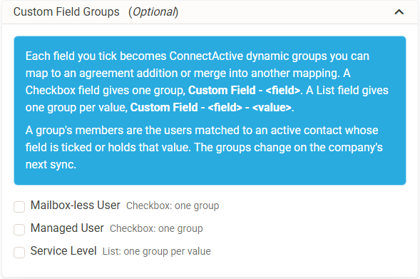 The Custom Field Groups card listing Checkbox and List contact custom fields