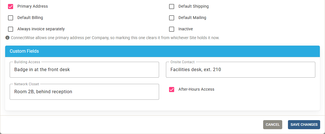 The Custom Fields card in the Edit Site window