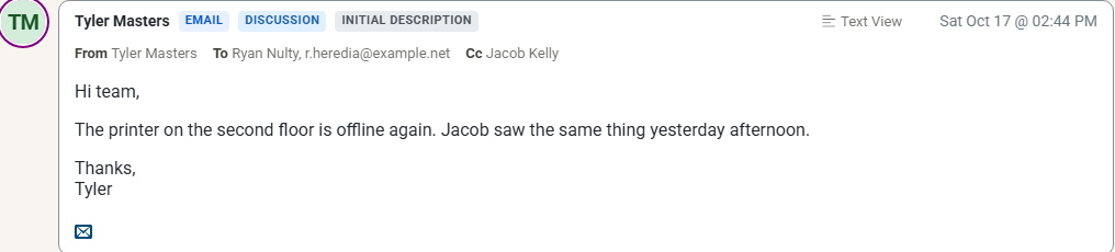 An email note with its From, To and Cc line