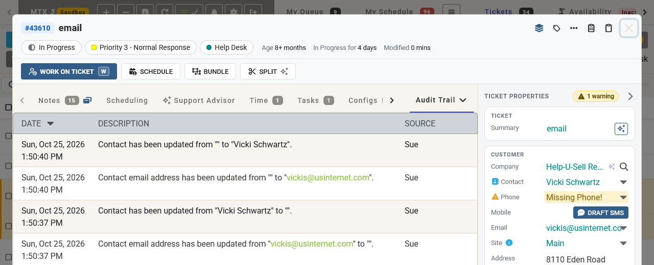 The ticket summary with Audit Trail open from More
