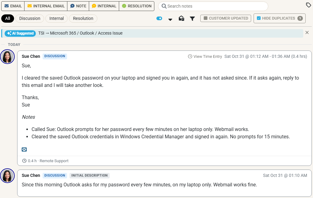 The Notes toolbar with Hide Duplicates on and the count of hidden notes