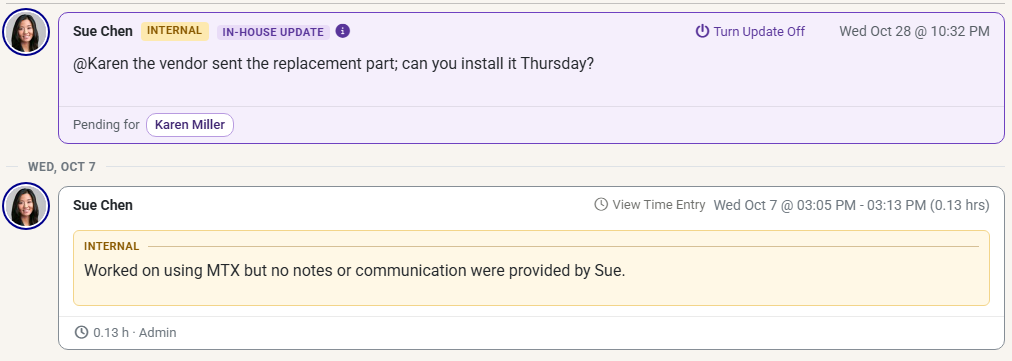 An In-house Update card above an internal note
