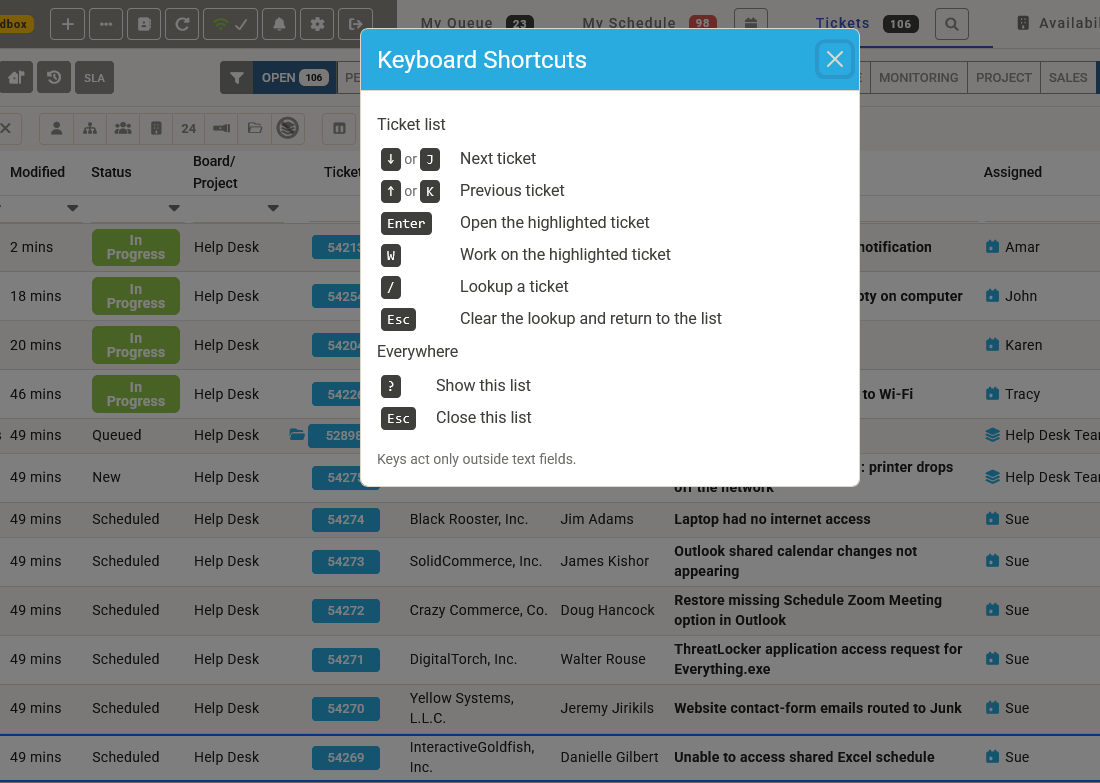 The Keyboard Shortcuts list open over the Tickets tab, with the highlighted ticket row beneath it