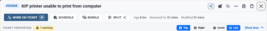 The Top | Right and Cards | List switches beside Ticket properties