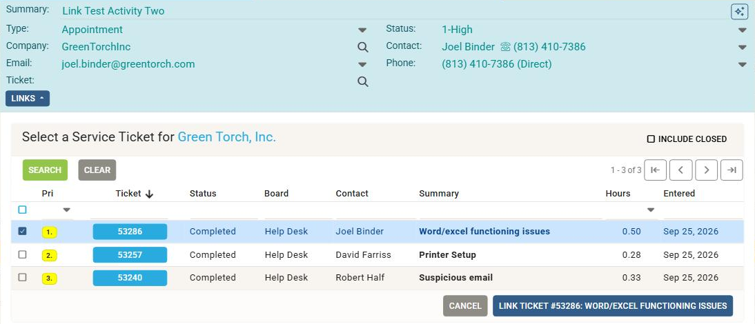 Link an Activity to a Ticket
