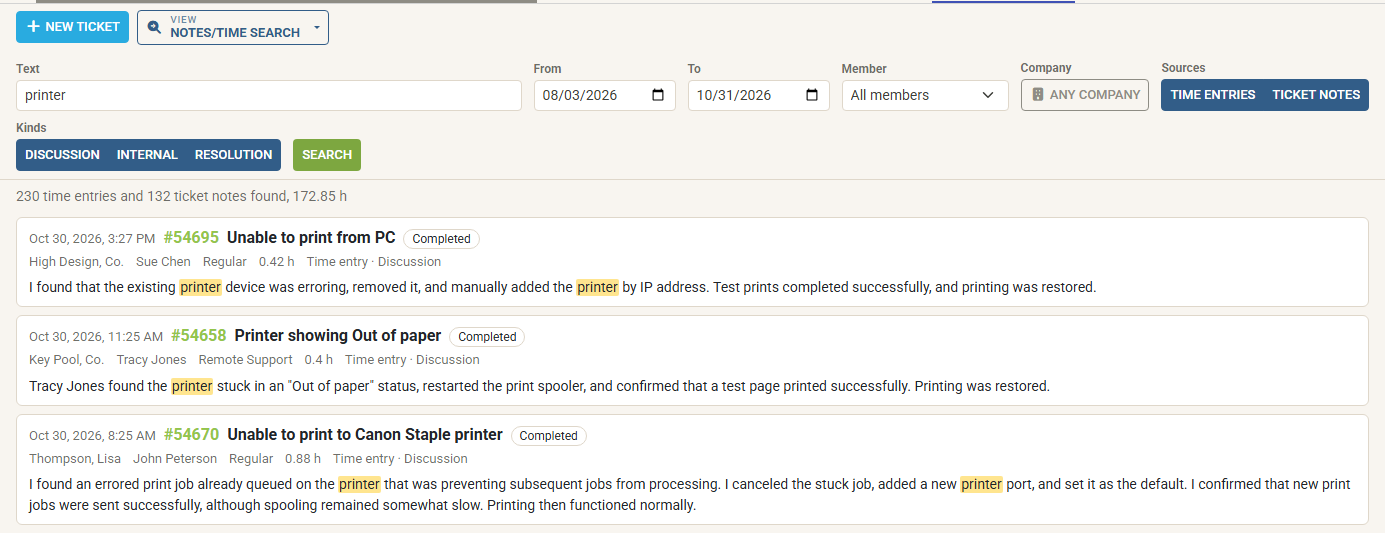 Notes/Time Search with "printer" found in time entries and ticket notes