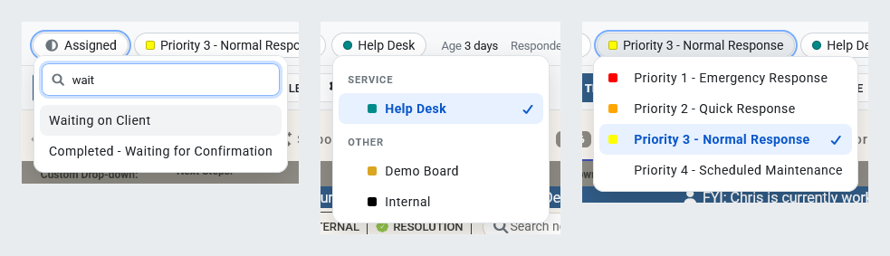 The status list filtered by typing, the board list and the priority list