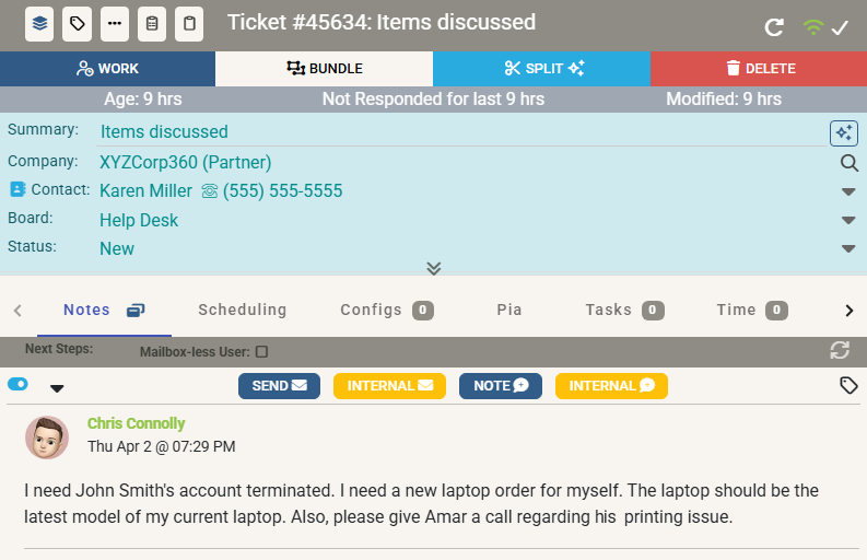 Ticket toolbar showing the Split button