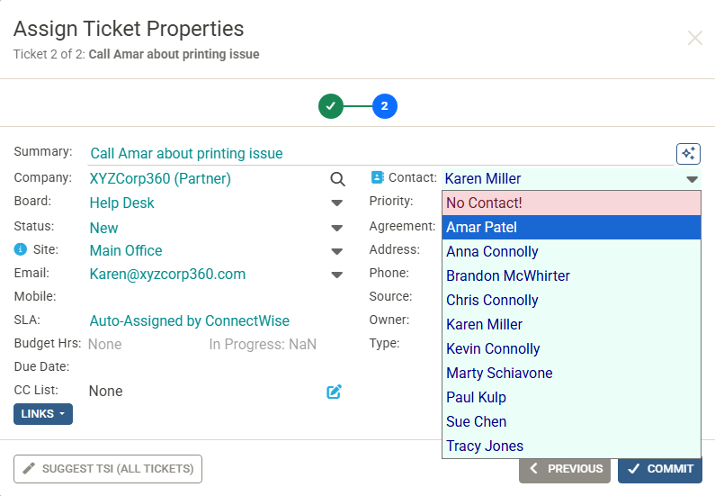 Assign Ticket Properties step modal