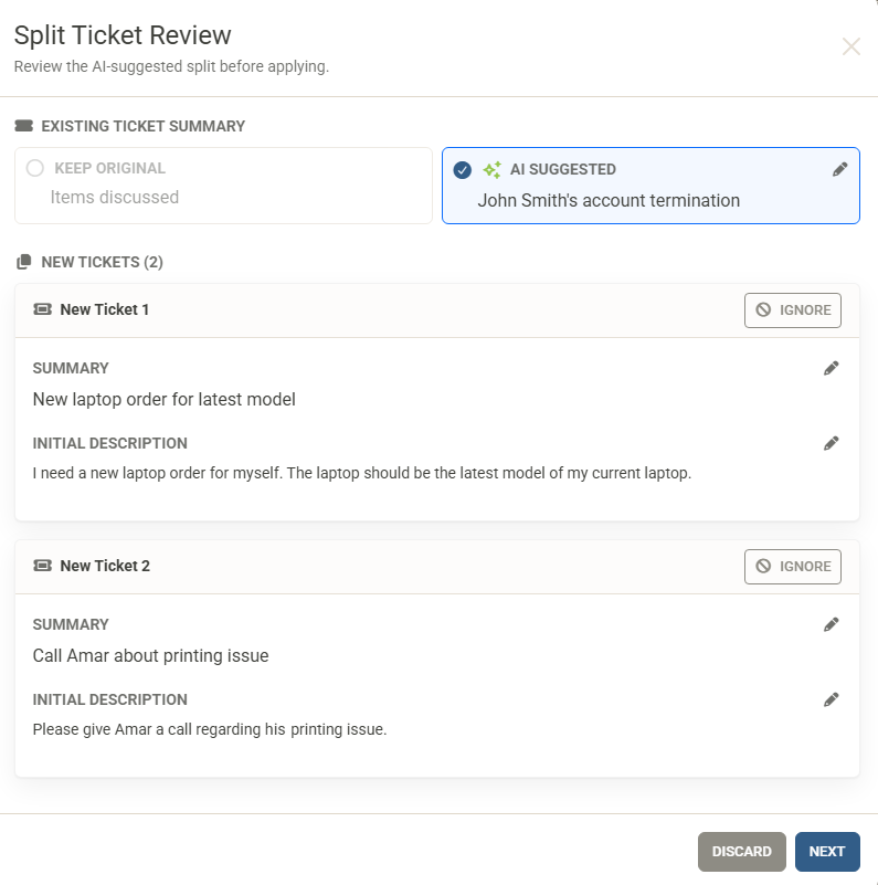 Split Ticket Review modal