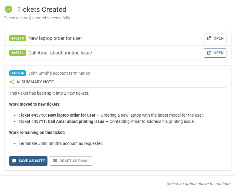 Tickets Created success modal with AI Summary Note