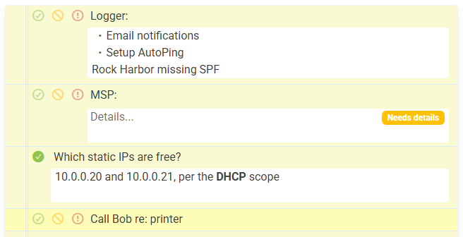 Two colon tasks, one with a formatted list and one marked Needs details, and an answered question task