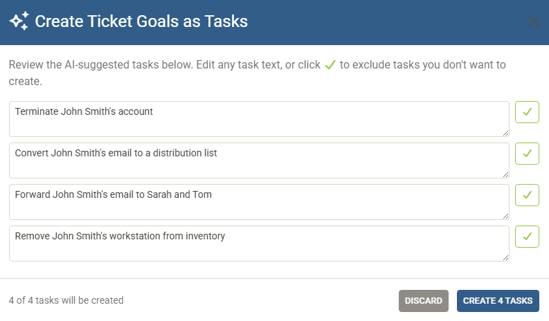 Working notes toolbar showing the AI dropdown with Create Ticket Goals option