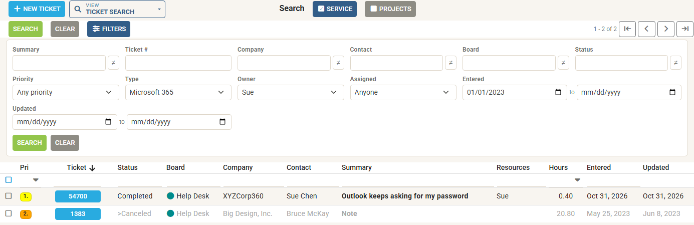 The Filters panel with Type, Owner and Entered filled in above the results
