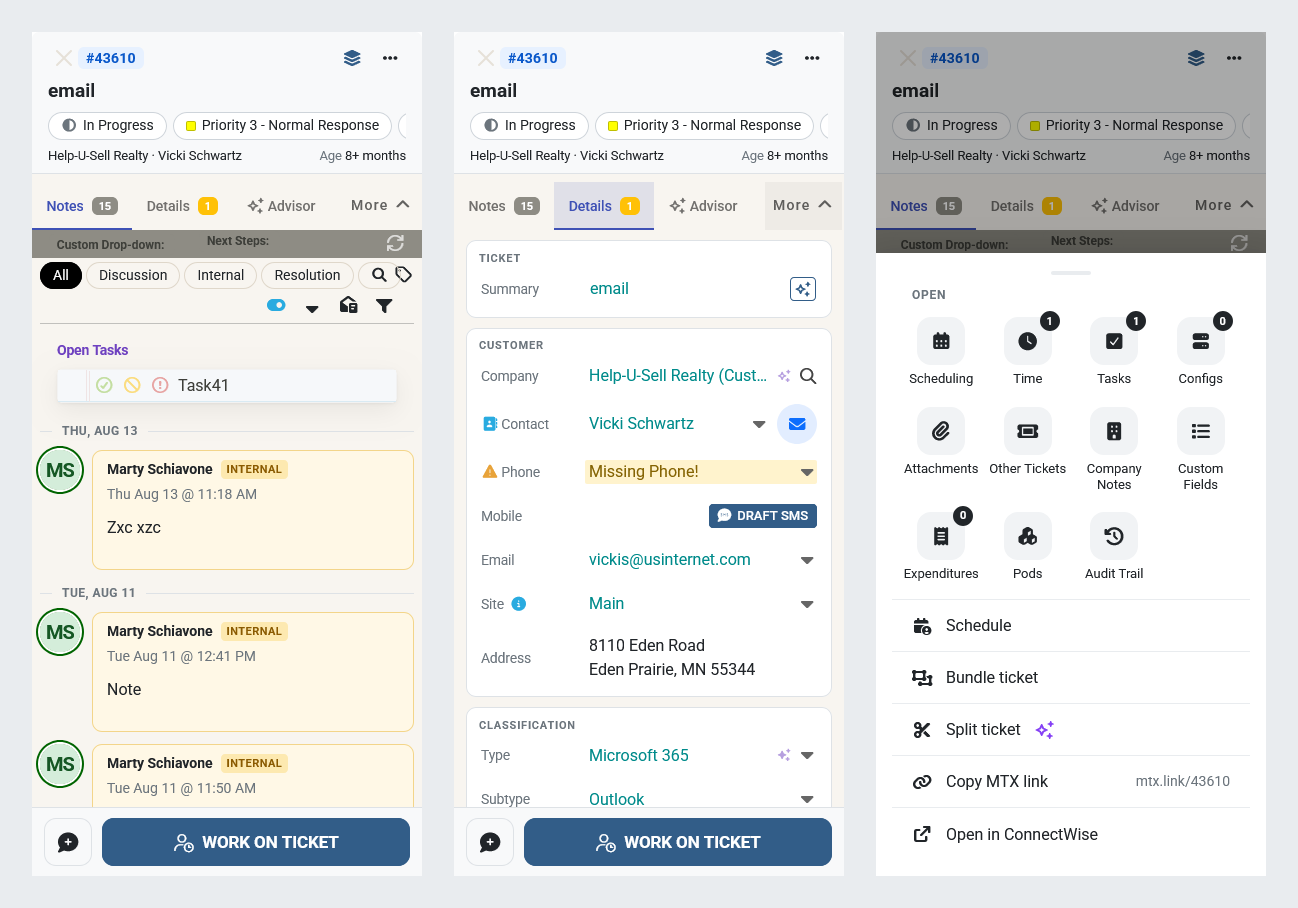 The ticket summary on a phone: Notes, Details and the More sheet