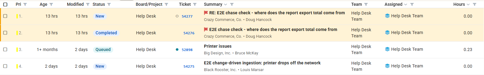 Company and contact under each summary
