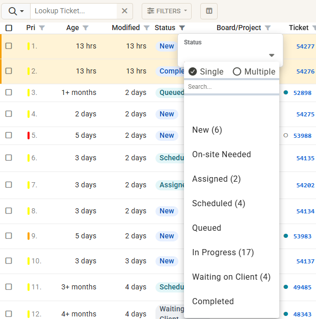 The Status heading's filter, open