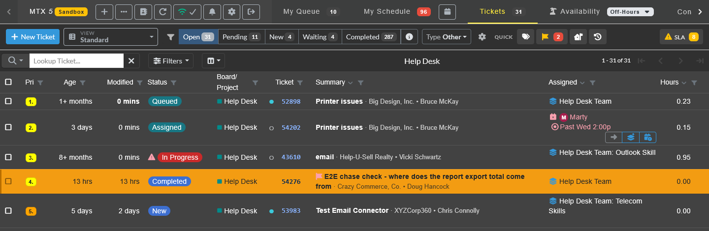 The Tickets tab in the dark theme, with a customer-updated row