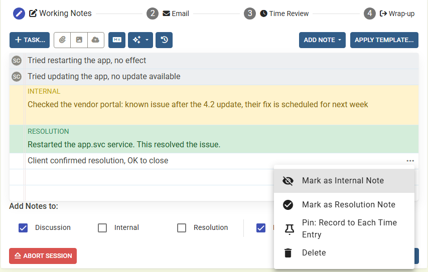 Mark Working Notes Internal or Resolution